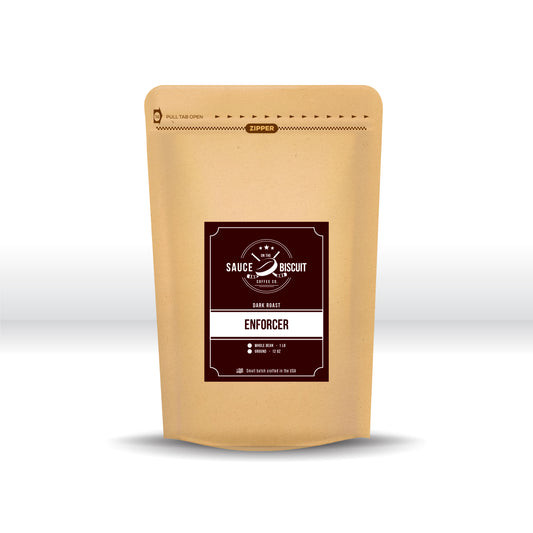  Fresh Roasted Coffee Enforcer - Dark Roast Coffee Available in whole bean or ground coffee from Sauce on the Biscuit Coffee Co