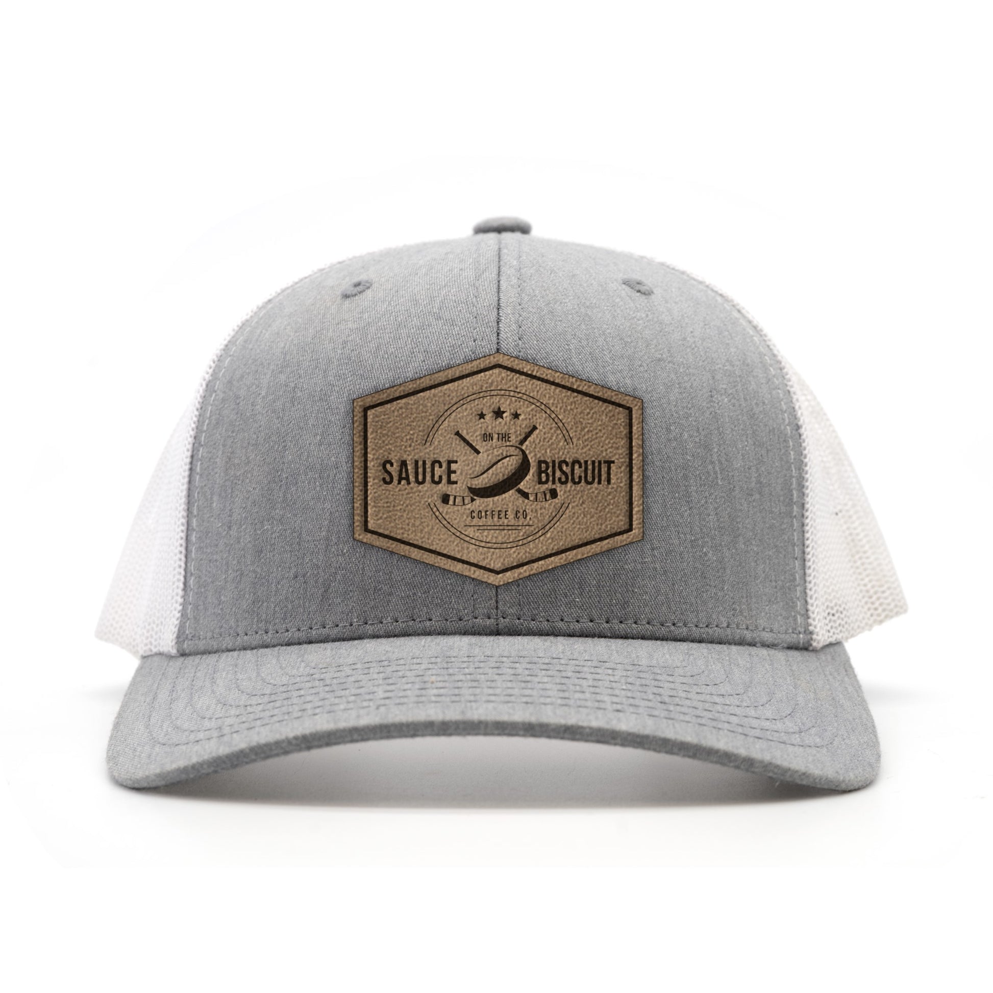 Sauce on the Biscuit Coffee Co. Logo Trucker hat.  Logo stamped into full grain leather patch.