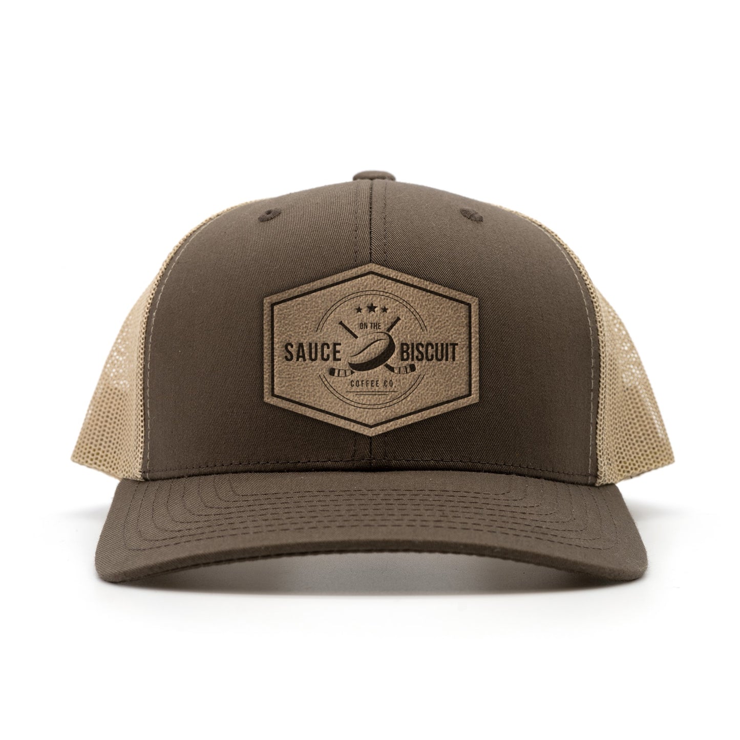 Sauce on the Biscuit Coffee Co. Logo Trucker hat.  Logo stamped into full grain leather patch.